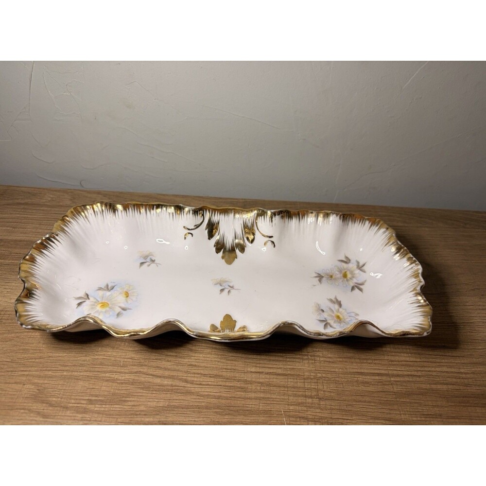 Vintage Porcelain Floral Serving Tray Gold Trim Scalloped Edge 12 Inch